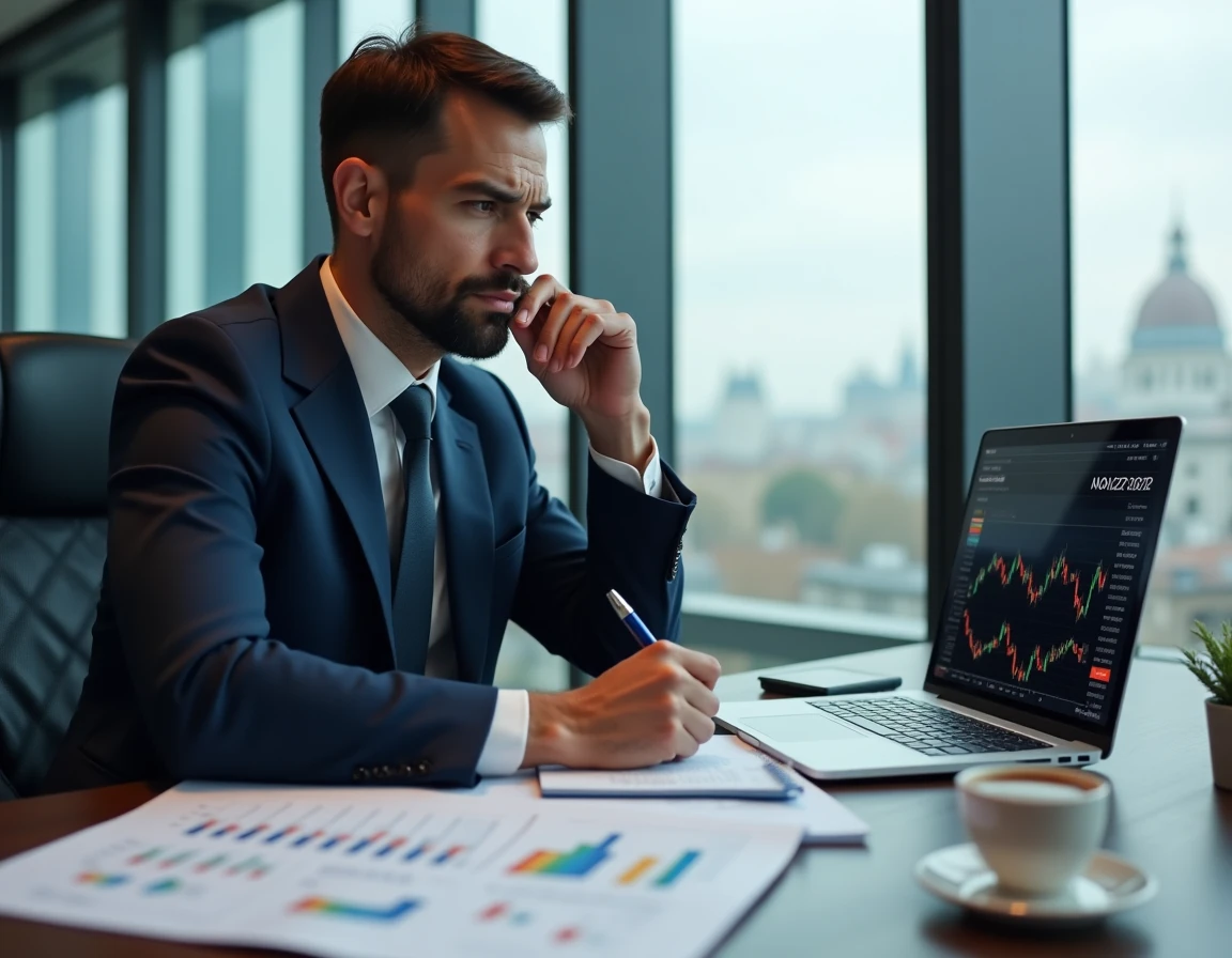 Analyste financier étudiant des graphiques boursiers d'actions Vivendi sur un ordinateur portable dans un bureau moderne