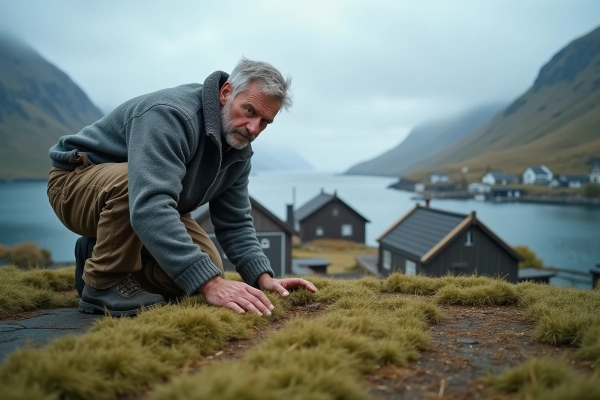 Artisan norvégien posant des plaques de gazon sur un toit en herbe traditionnel avec vue sur un village de fjord en arrière-plan