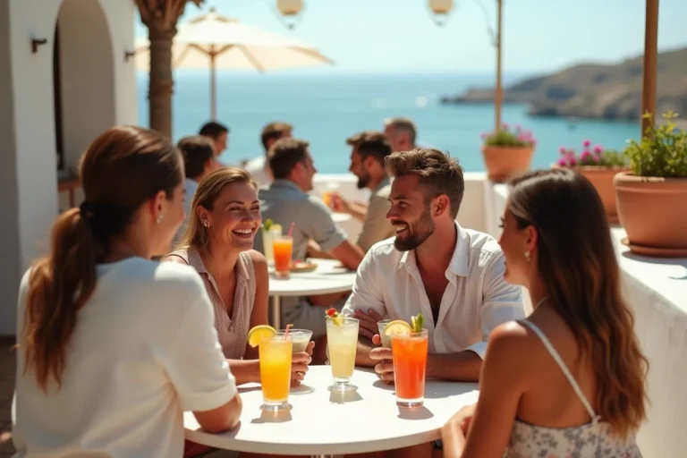 Terrasse de bar animée à Ibiza avec des jeunes adultes profitant d'une soirée estivale en Espagne