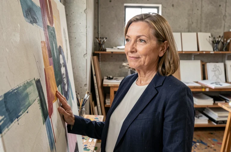 Artiste femme mature dans son atelier devant une grande toile abstraite, illustrant le parcours artistique de Béatrice Vonderweidt
