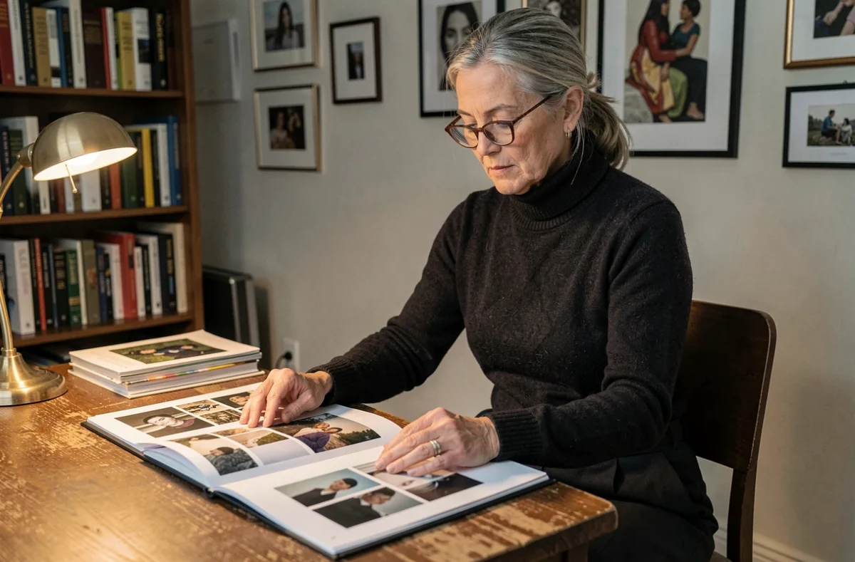 Femme artiste quinquagénaire consultant son portfolio dans un bureau entouré de livres d'art, évoquant l'évolution artistique au fil des années