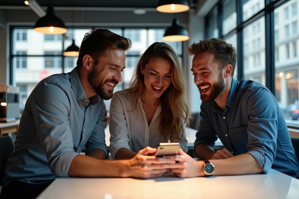 Collègues de bureau vérifiant les résultats du tirage Keno FDJ en direct sur smartphone