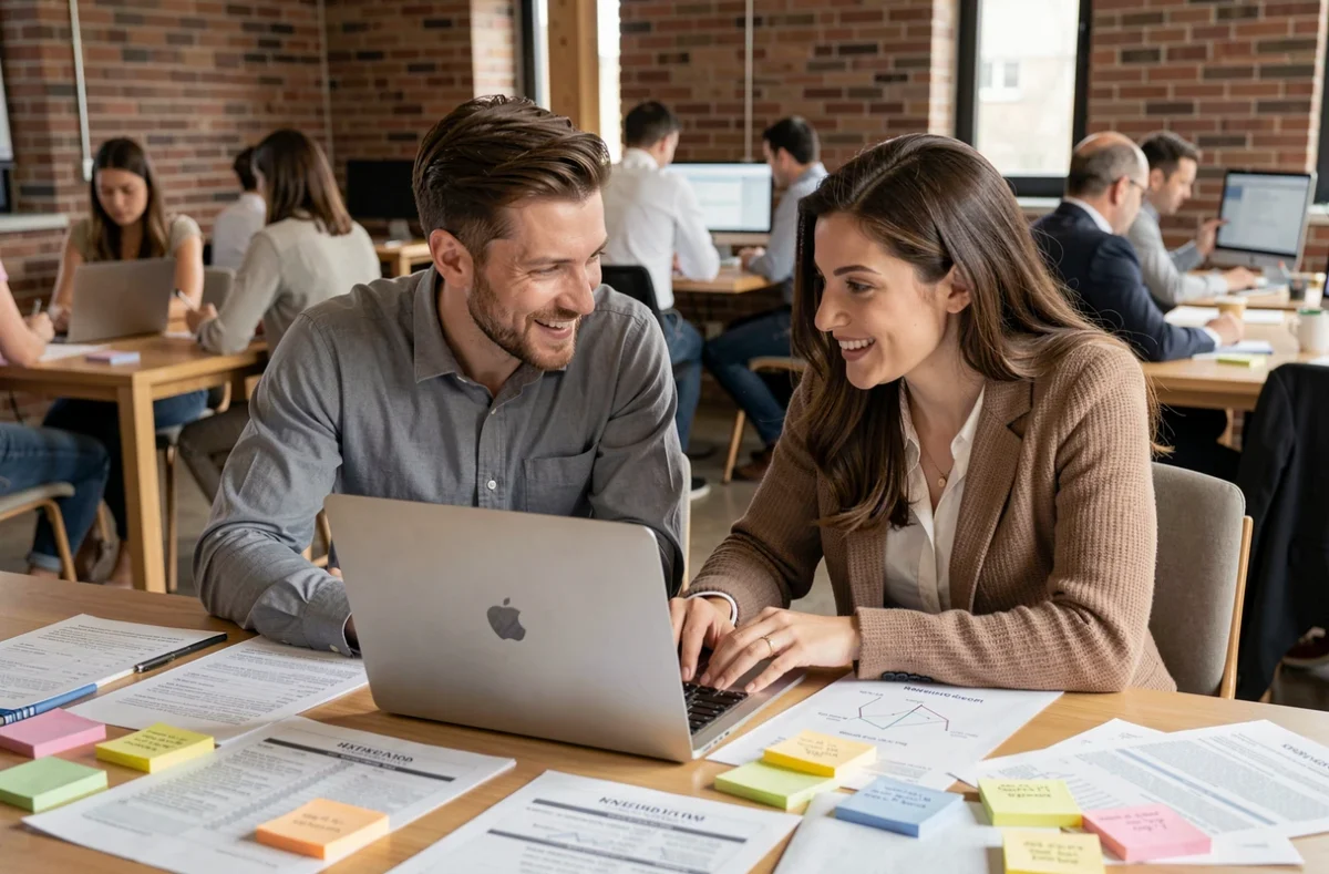 Deux collègues discutant de stratégies de recherche d'emploi en ligne autour d'un ordinateur portable dans un espace de coworking