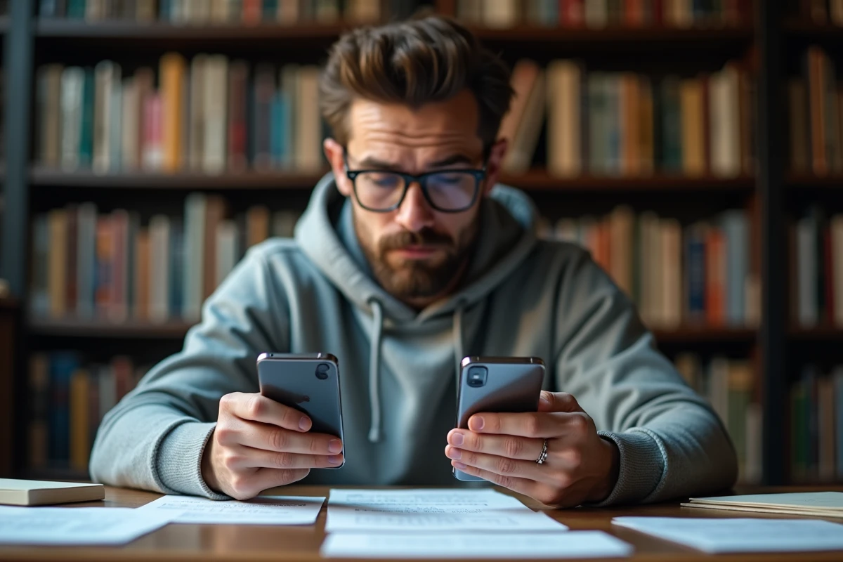 Homme comparant deux interfaces d'applications pour identifier un faux leak PinkGeek sur smartphone