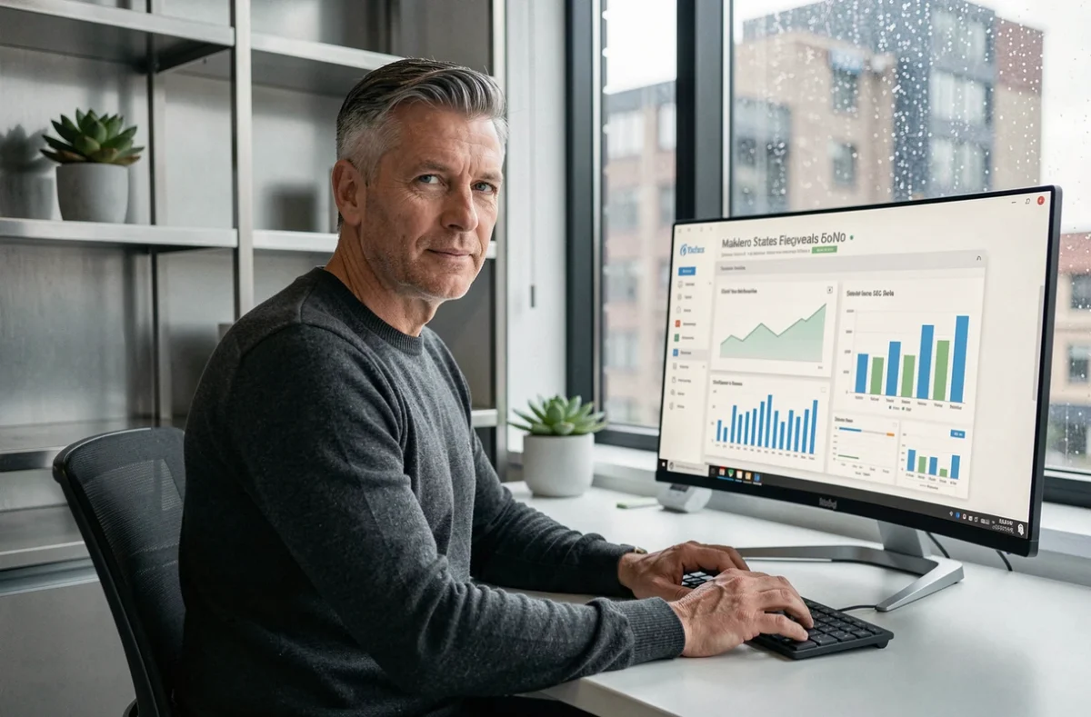 Consultant en communication digitale analysant une stratégie SEO et marketing sur un écran ultrawide