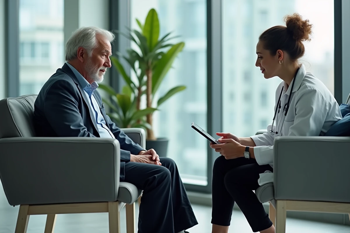 Médecin discutant avec un homme âgé dans une clinique moderne