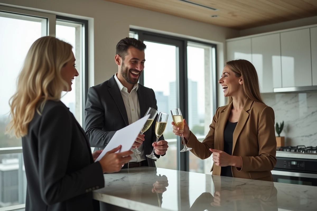 Jeune couple célébrant avec une agent immobilier dans un appartement