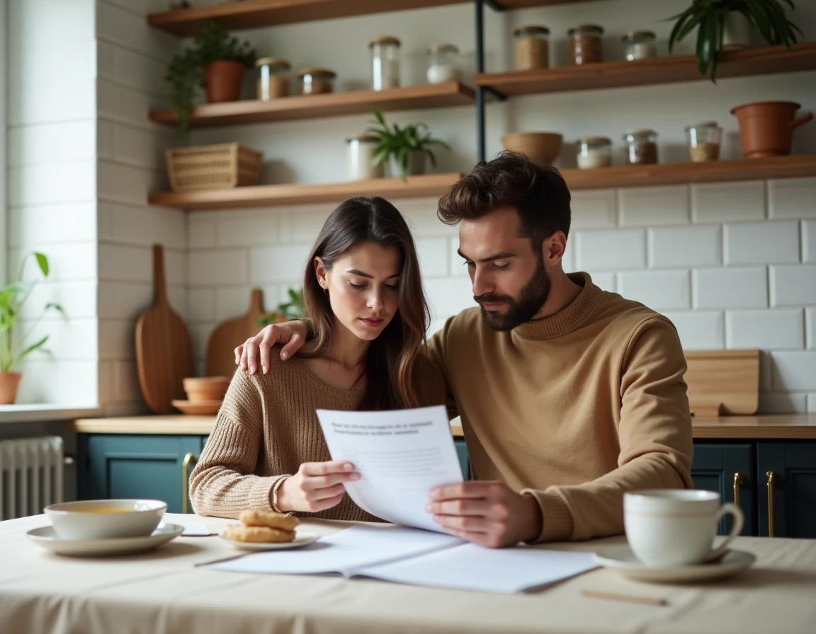 Couple examinant des documents financiers à la maison pour choisir une banque éthique et responsable en France