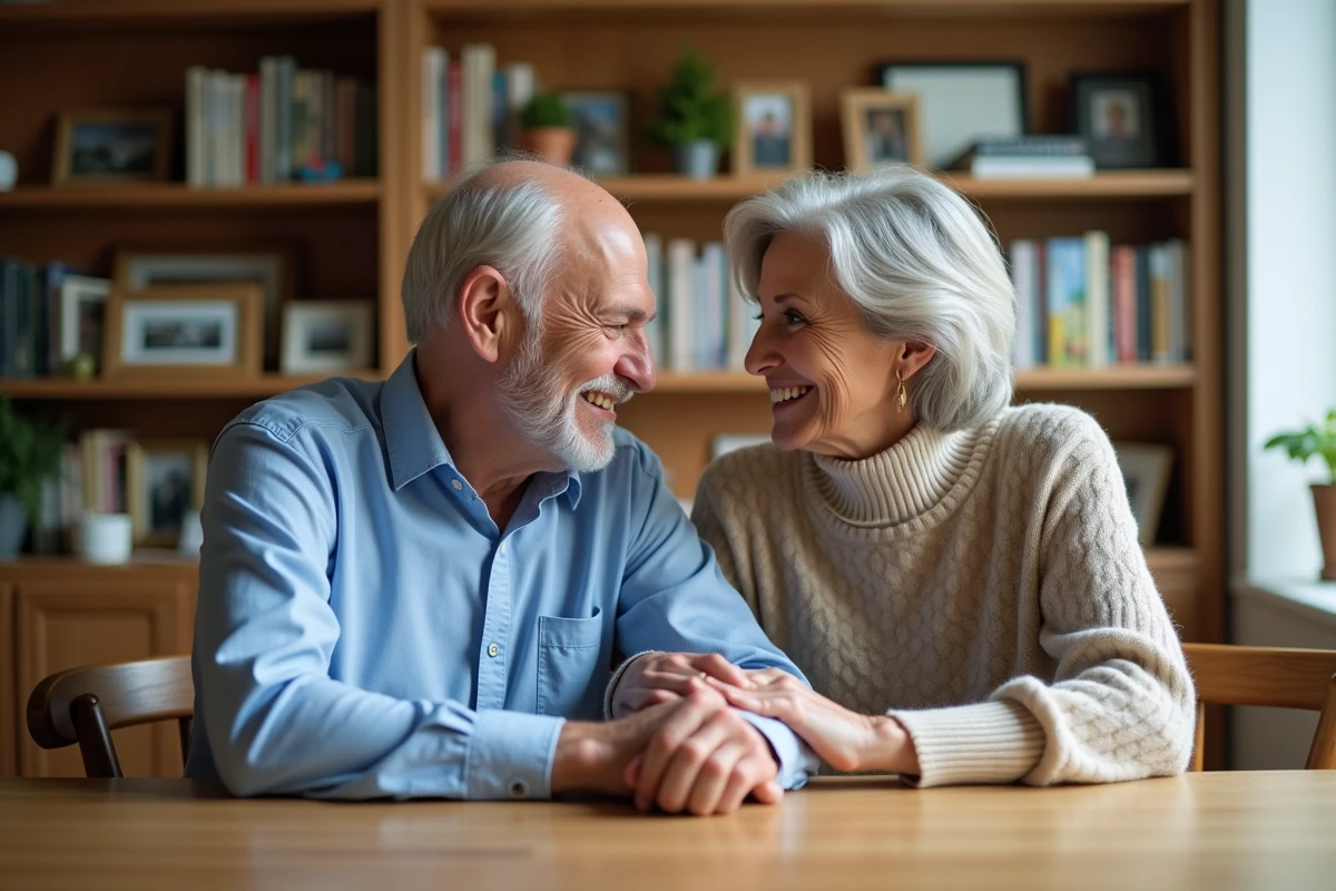 Couple assis à une table dans un appartement lumineux