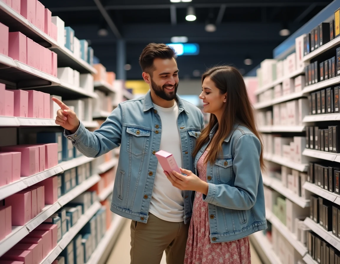 Couple comparant des parfums dans le rayon d'une grande parfumerie en France