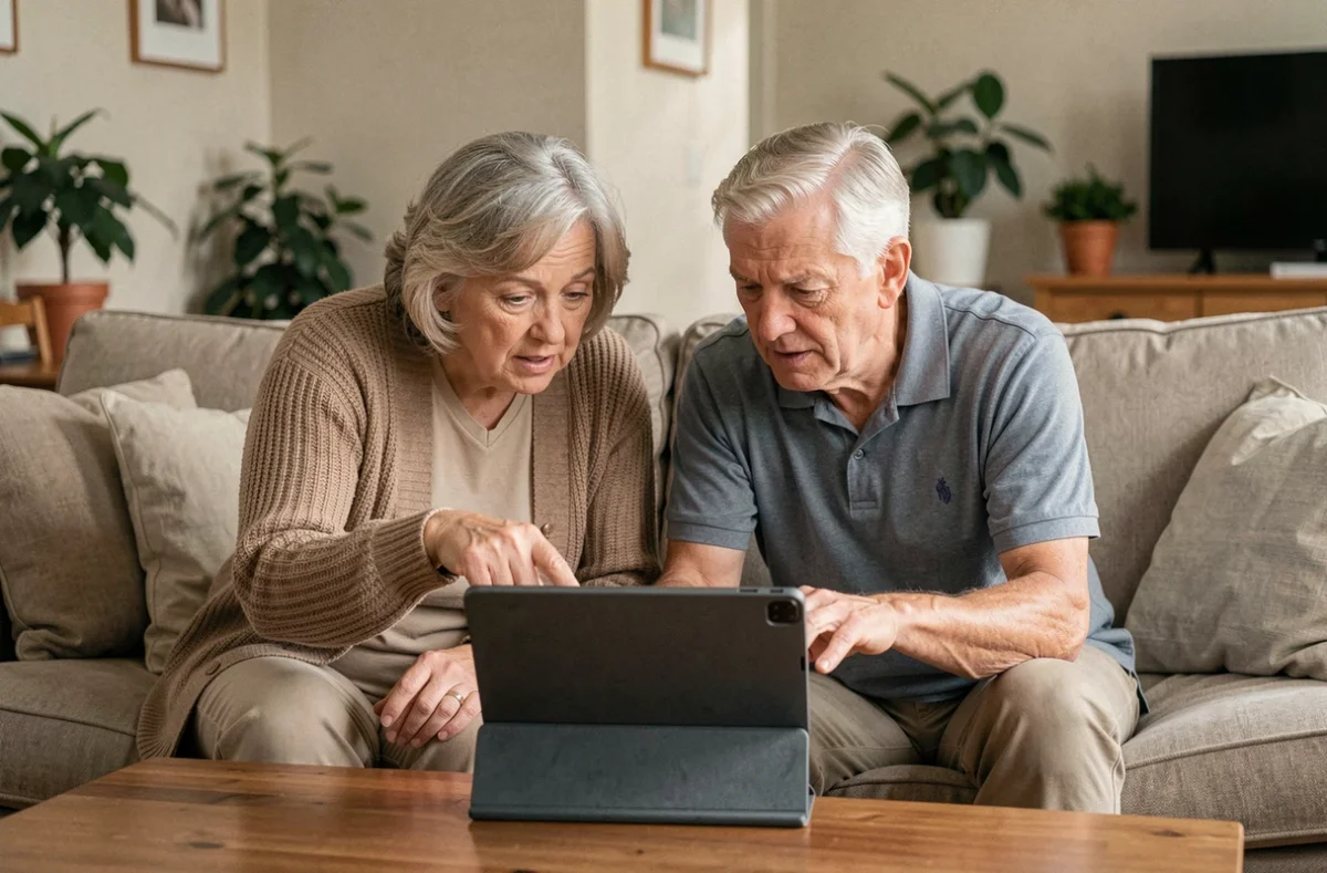 Couple de retraités consultant ensemble une tablette pour récupérer un mot de passe sur le kiosque Orange