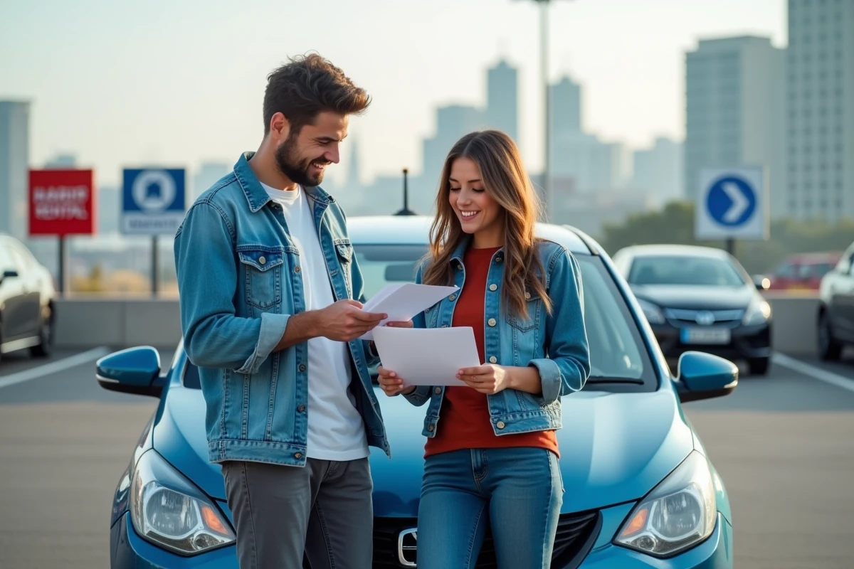 Jeune couple devant une voiture de location dans un parking urbain