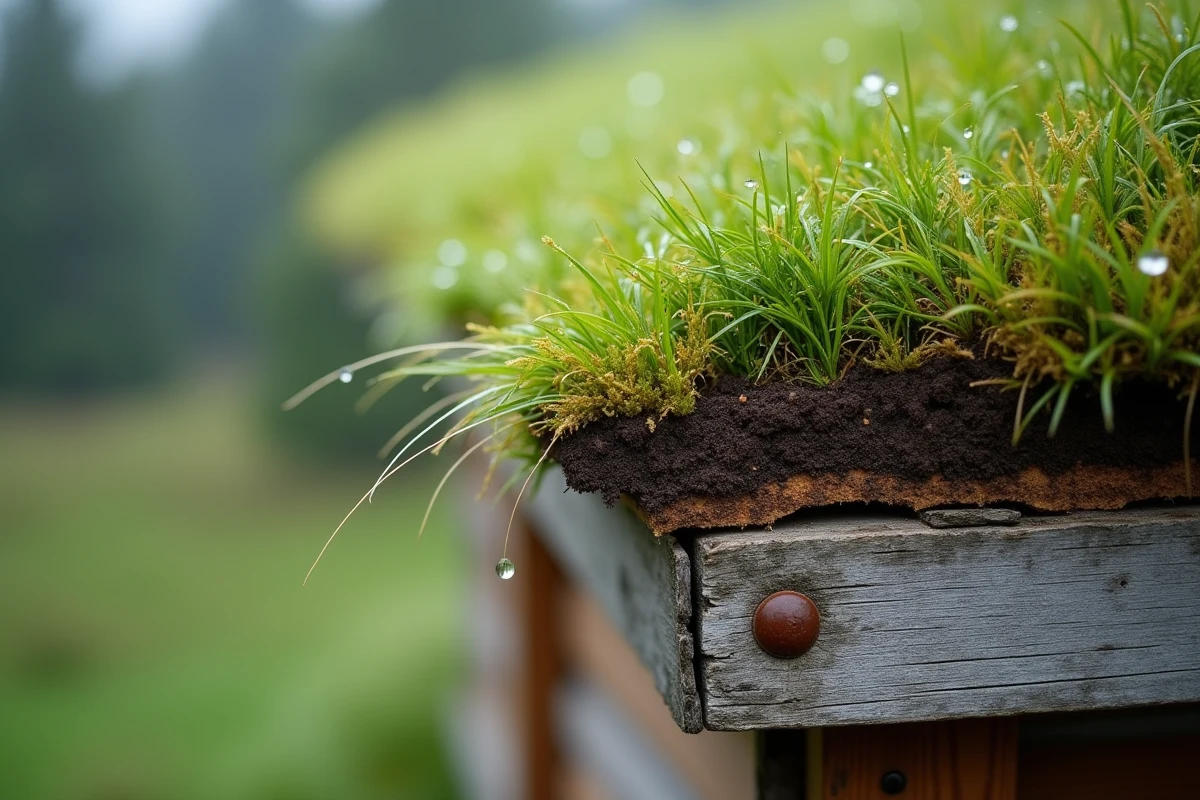 Détail en gros plan d'un toit en herbe norvégien montrant les couches de bouleau, de terre et de végétation traditionnelle