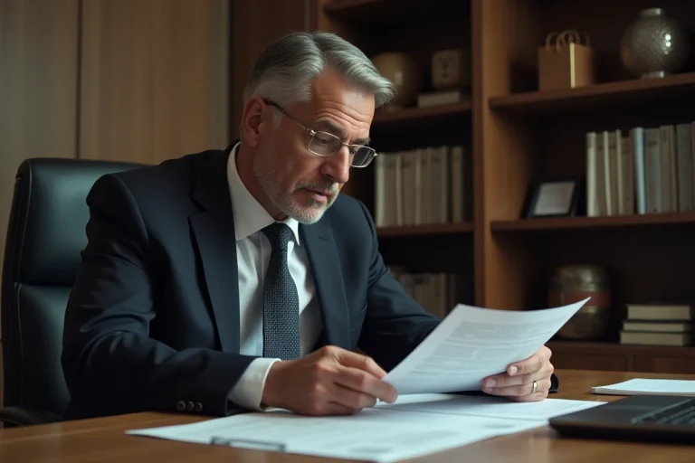 Detective privé homme en costume examinant des documents