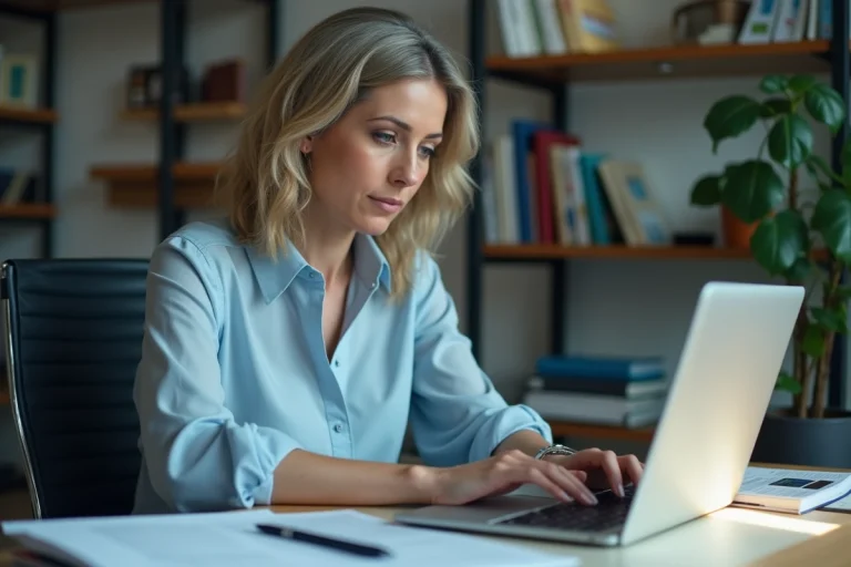 Enseignante consultant sa messagerie académique de l'académie d'Amiens sur un ordinateur portable dans un bureau administratif