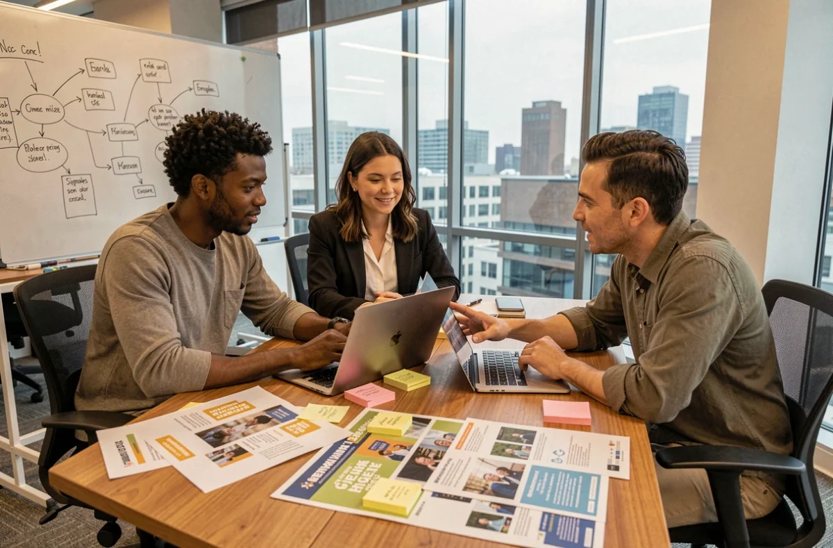 Équipe d'une agence innovante collaborant sur une stratégie de communication digitale en salle de réunion