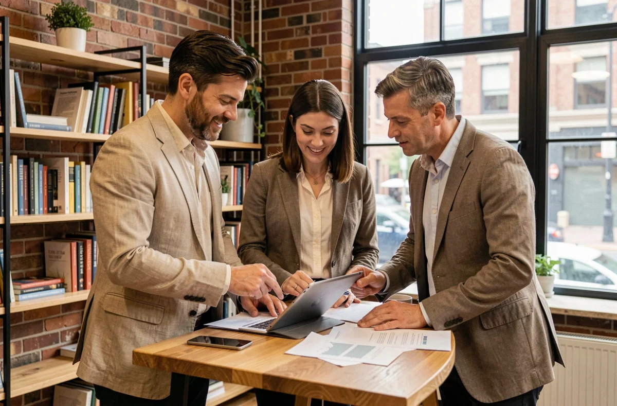 Équipe de professionnels discutant des dernières actualités business autour d'une table dans un espace de coworking