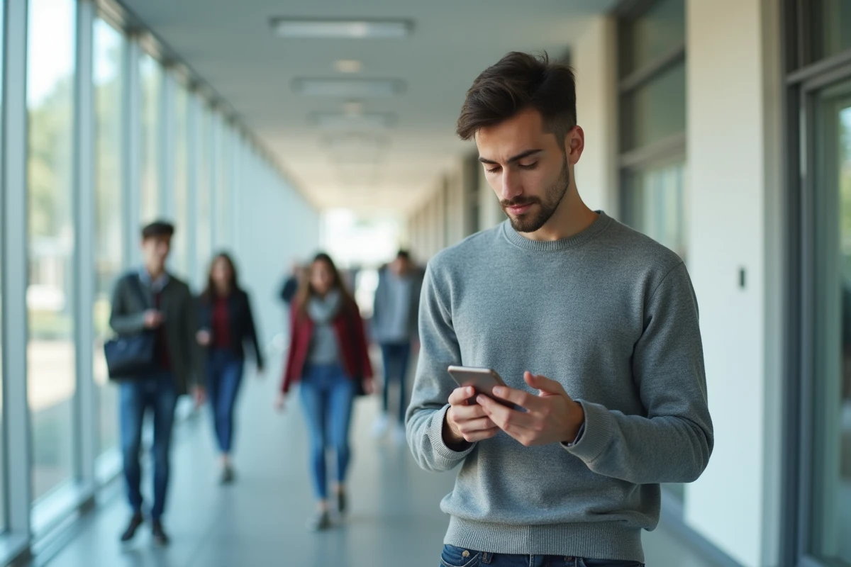 Étudiant recevant une notification de messagerie universitaire sur son smartphone dans un couloir du campus