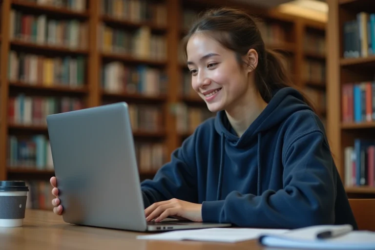 Étudiante consultant sa messagerie universitaire sur un ordinateur portable dans une bibliothèque de l'Université de Lorraine
