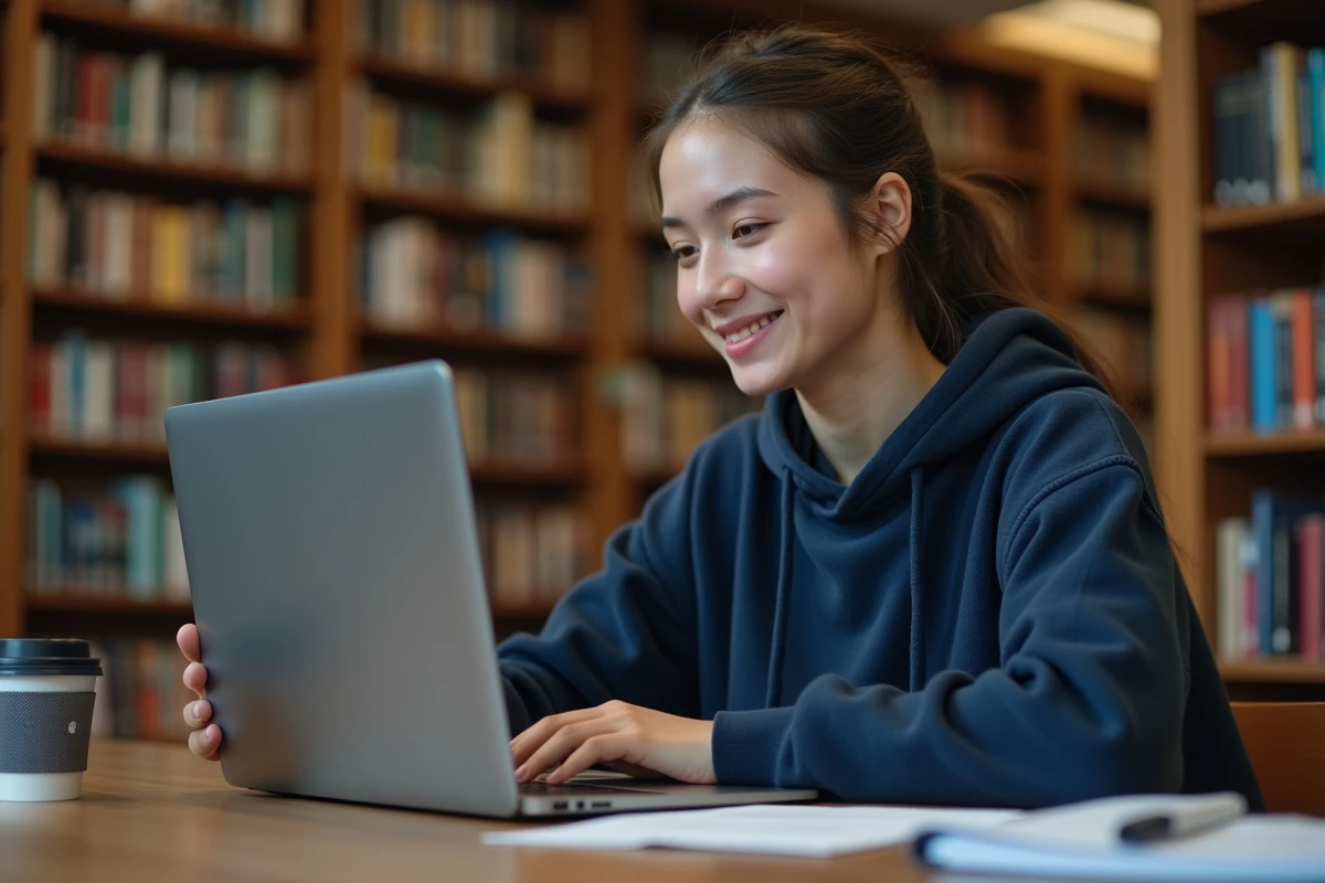 Étudiante consultant sa messagerie universitaire sur un ordinateur portable dans une bibliothèque de l'Université de Lorraine
