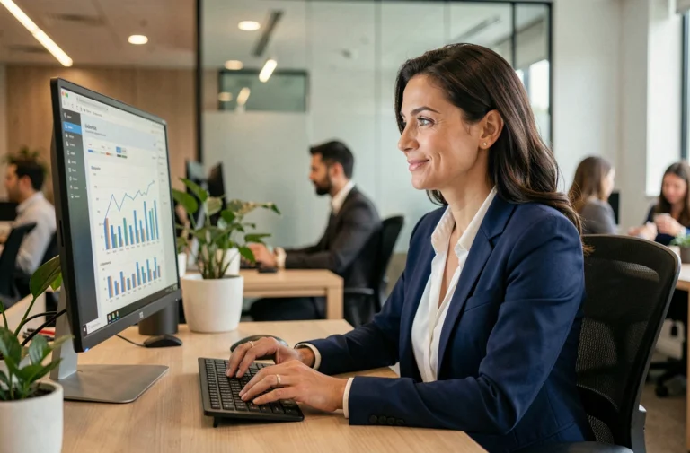 Femme cadre analysant des tendances business sur un écran dans un bureau moderne et lumineux