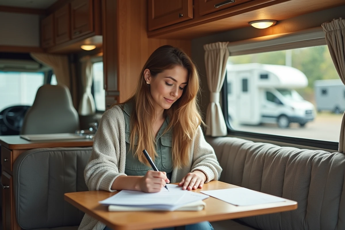Jeune femme lisant des papiers dans un van aménagé