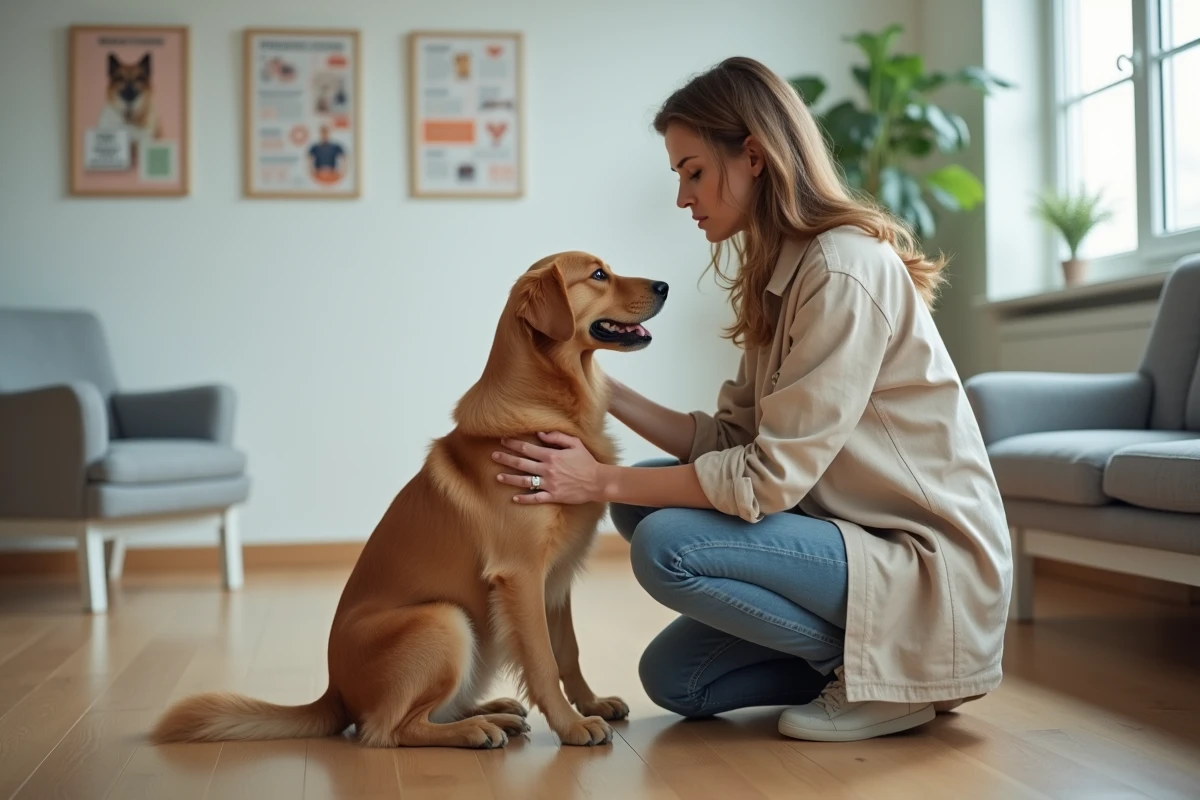 Femme inquiète avec son chien golden retriever dans une salle d'attente vétérinaire