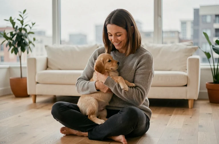 Femme tenant un chiot golden retriever dans ses bras dans un salon moderne, illustrant le lien entre propriétaire et animal de compagnie et l'importance de l'assurance animaux