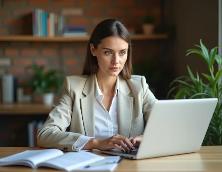 Femme consultant un classement de banques éthiques sur ordinateur portable dans un espace de travail moderne