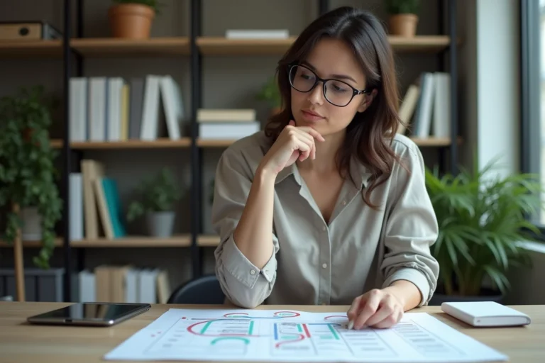 Femme en bureau moderne regardant une carte sur son bureau