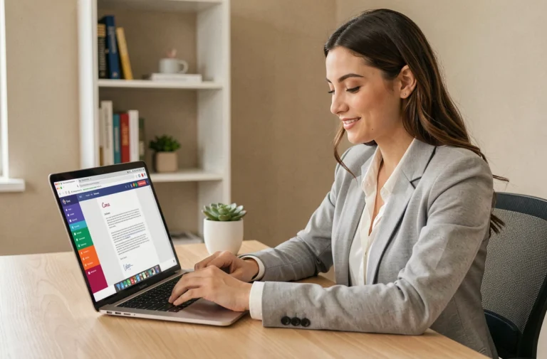 Jeune femme en blazer gris créant une lettre de motivation sur Canva depuis son bureau à domicile
