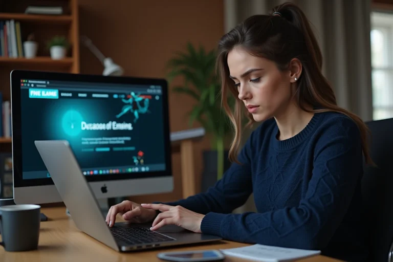 Femme analysant un site web frauduleux sur son ordinateur portable dans un bureau à domicile
