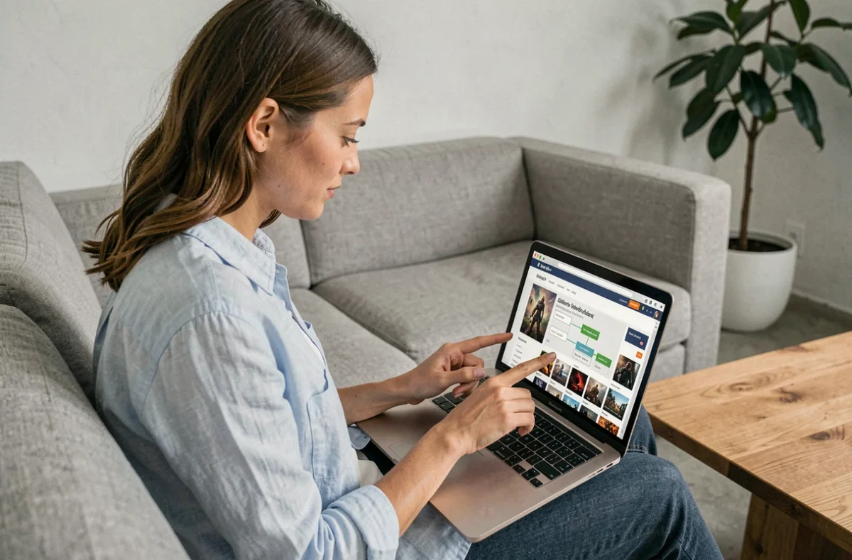 Femme utilisant un ordinateur portable pour explorer le plan du site d'une boutique de jeux vidéo en ligne dans son salon