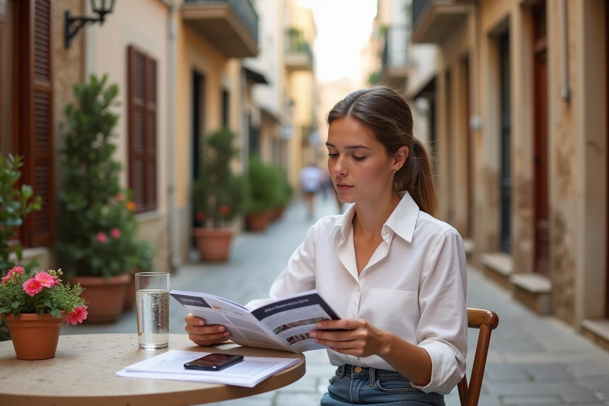Jeune femme lisant un guide juridique sur la législation espagnole dans une rue pavée d'Ibiza
