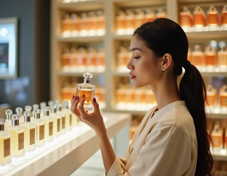 Femme comparant des parfums dans une parfumerie Marionnaud ou Nocibé en 2024