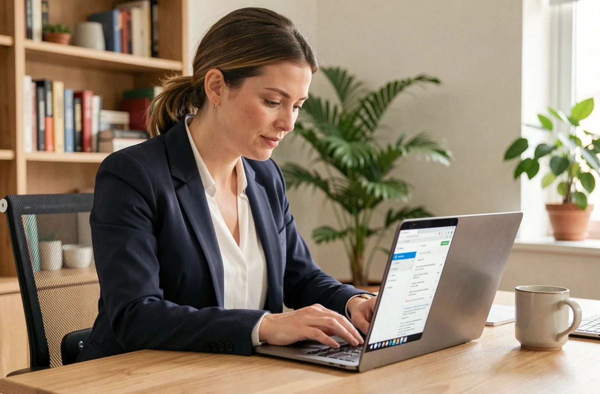 Femme en blazer marine recherchant un emploi en ligne sur un ordinateur portable dans un bureau à domicile moderne