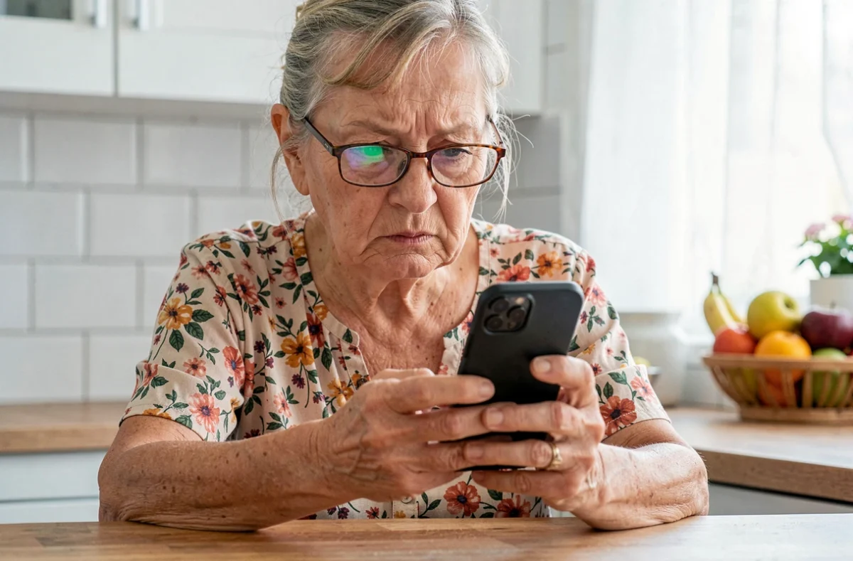 Femme retraitée consultant son smartphone pour réinitialiser son mot de passe sur le kiosque retraités Orange
