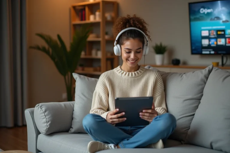 Jeune femme avec casque regarde streaming sur tablette