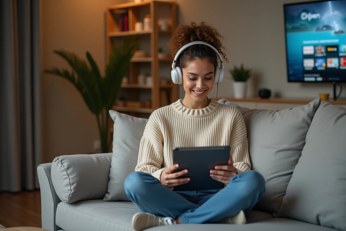 Jeune femme avec casque regarde streaming sur tablette