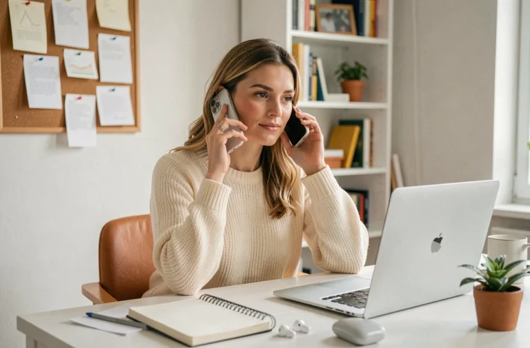 Femme en télétravail utilisant un smartphone moderne à son bureau à domicile pour rester joignable