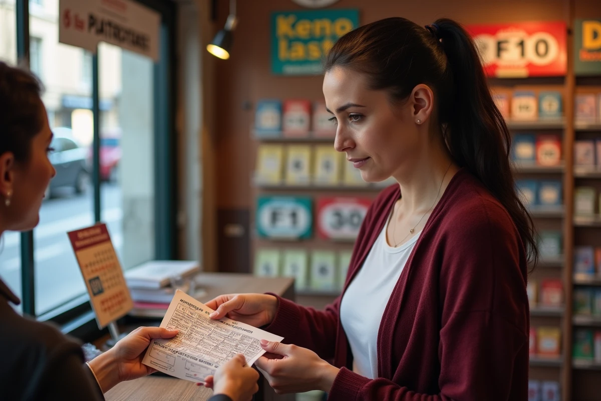 Femme recevant un ticket de résultats Keno FDJ dans un bureau de tabac français