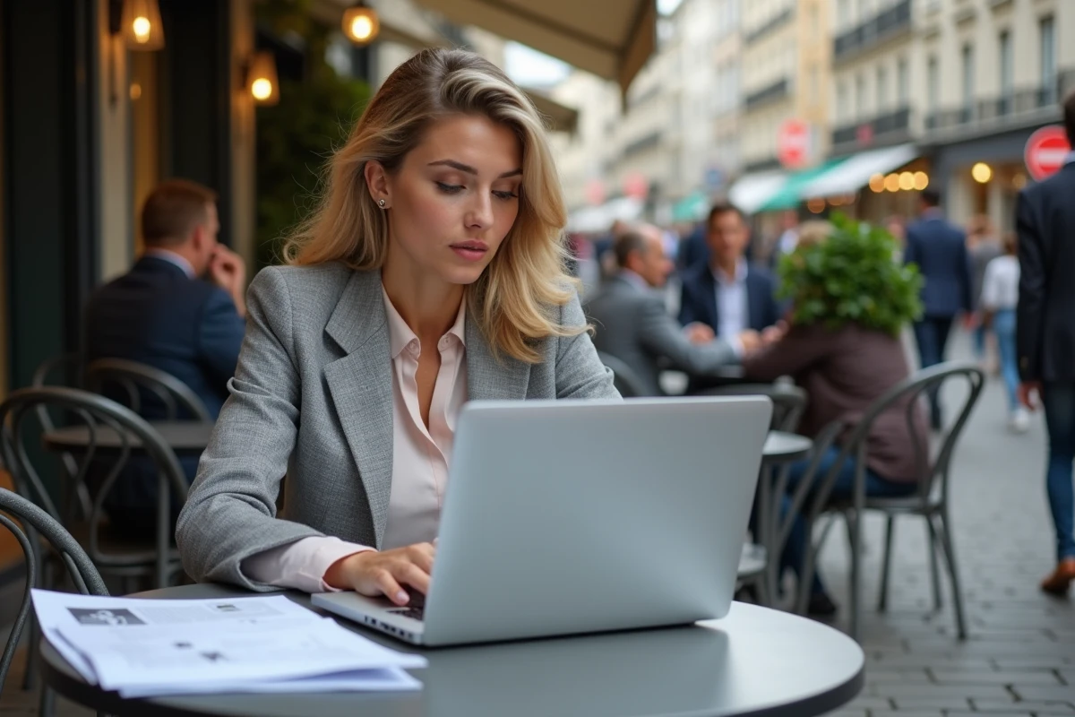 Femme trader française en extérieur analysant ses documents