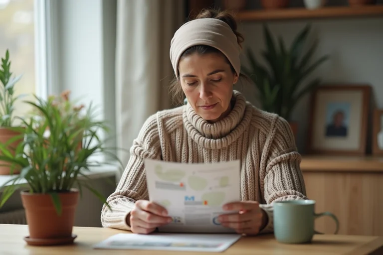 Femme lisant un dépliant sur les traitements alternatifs à la maison