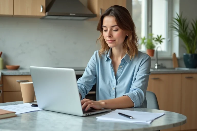 Femme assise à la cuisine travaillant sur son ordinateur portable