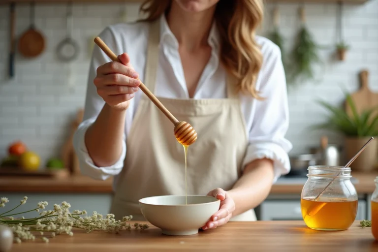 Femme versant du miel doré avec une cuillère en bois dans un bol en céramique sur un comptoir de cuisine rustique