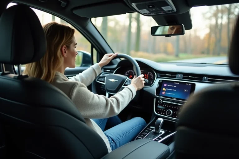 Femme en jeans regardant le tableau de bord d'une voiture moderne