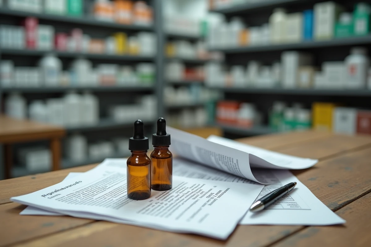 Petits flacons en verre ambré et document réglementaire espagnol sur une table de pharmacie européenne