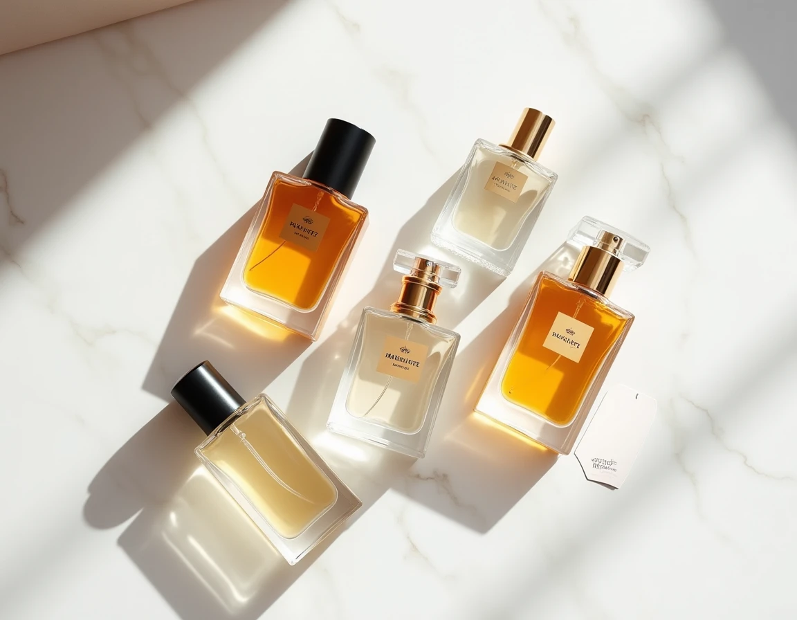 Flacon de parfums de luxe disposés sur marbre avec étiquettes de prix en parfumerie