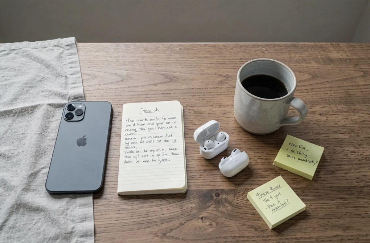 Flat lay d'un bureau télétravail avec smartphone, écouteurs sans fil et cahier de notes pour rester joignable