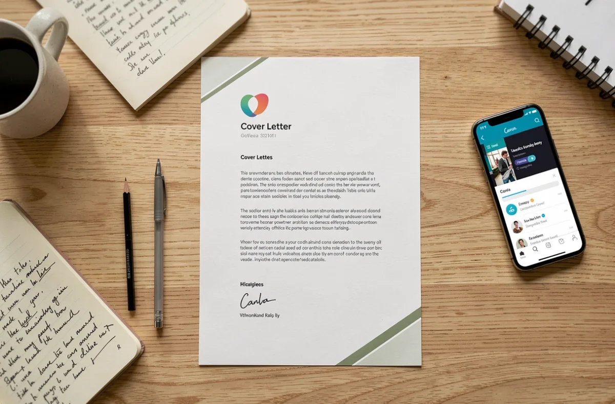 Vue en plongée d'une lettre de motivation imprimée avec design Canva, notebook et smartphone sur bureau en bois clair